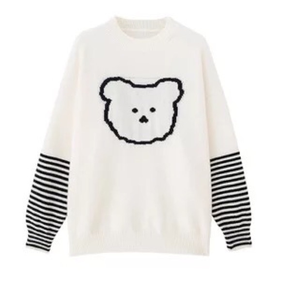 Bear sweater knit cream black stripe long sleeve crewneck cartoon - Picture 5 of 6